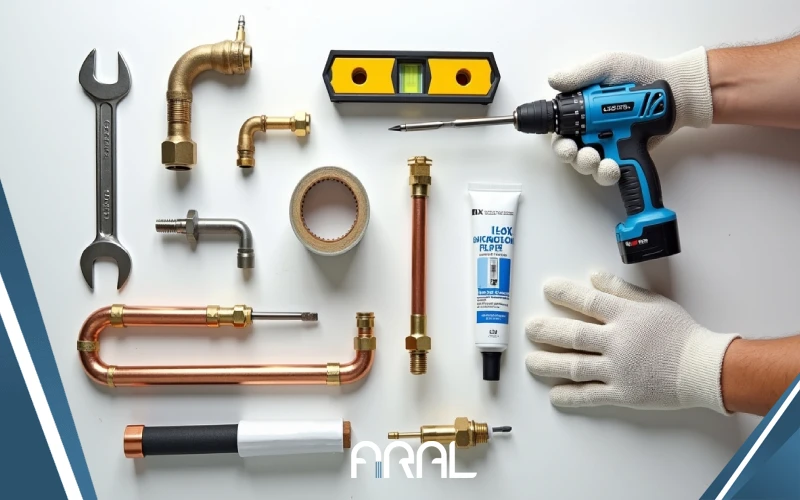 ابزار و لوازم مورد نیاز برای نصب شیرآلات توکار شامل آچار، دریل، تراز و اتصالات